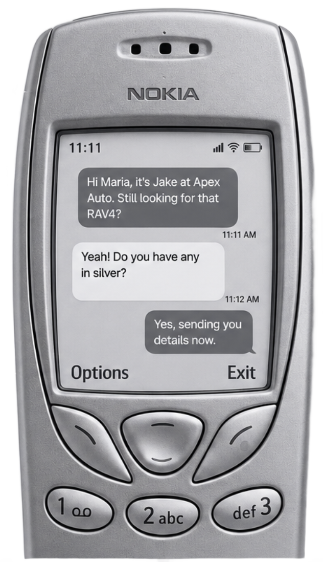 Nokia phone showing an AI-handled SMS conversation with a lead